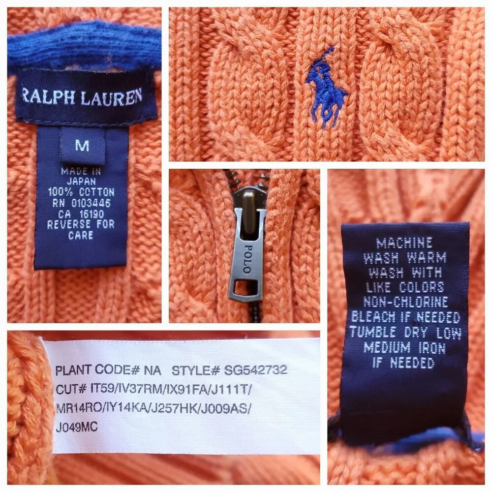 Ralph Lauren Hooded Sweater Kids M Cable Knit Full Zip Pony Logo Preppy Orange